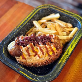Brat Haus - Hotdog with bison sausage - Mexican Near Me - Vancouver, British Columbia
