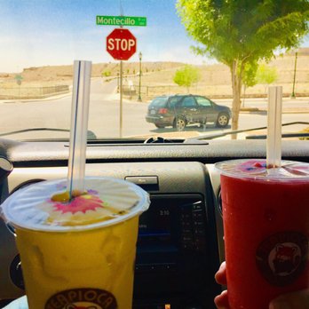 Teapioca Lounge - Mango smoothie with mango gel    Strawberry Lemonade slushie w/ passion fruit bursters - Coffee & Tea Near Me - El Paso, Texas