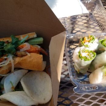 Xin Chao Eatery - Pork bahn mi with shrimp chips (5 chips), and side of bone broth not pictured. Shrimp summer rolls (6 pieces, 1 missing b.c I ate it) - Vietnamese Near Me - San Diego, California Xin Chao Eatery - Pork bahn mi with shrimp chips (5 chips), and side of bone broth not pictured. Shrimp summer rolls (6 pieces, 1 missing b.c I ate it) - Vietnamese Near Me - San Diego, California