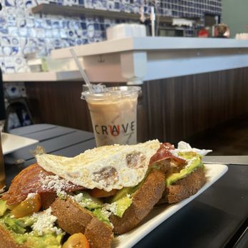 U Crave - Avocado Toast with bacon and Iced Chai Tea Latte - Burgers Near Me - San Fernando, California U Crave - Avocado Toast with bacon and Iced Chai Tea Latte - Burgers Near Me - San Fernando, California