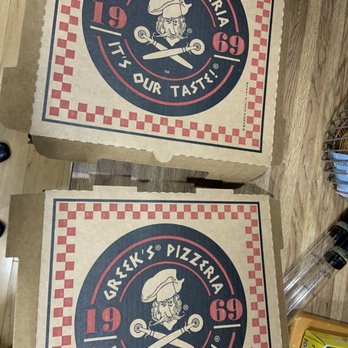 Greek's Pizzeria - two pizza boxes - Pizza Near Me - West Lafayette, Indiana Greek's Pizzeria - two pizza boxes - Pizza Near Me - West Lafayette, Indiana