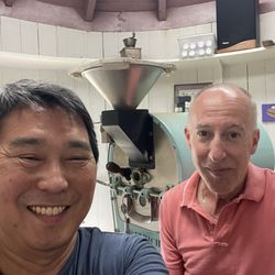 Ian & I in front of the Diedrich 2.5 KG Coffee Roaster!