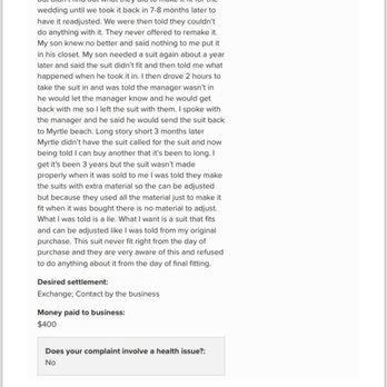 Men's Wearhouse - BBB complaint - Men's Clothing Near Me - MYRTLE BEACH, South Carolina
