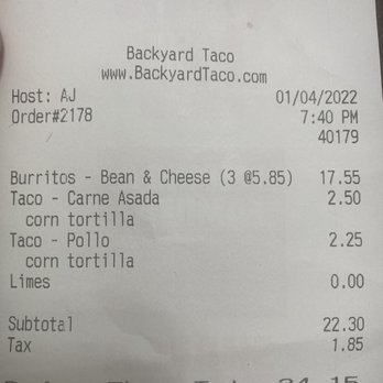 Backyard Taco - Ordered 3 burritos and only got 2. $5.85 we won't be getting back. - Mexican Near Me - Mesa, Arizona Backyard Taco - Ordered 3 burritos and only got 2. $5.85 we won't be getting back. - Mexican Near Me - Mesa, Arizona