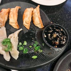 Noodles Cafe - 8 Piece Dumplings half fried and half steamed.
