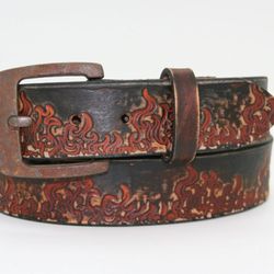 Buckle and Hide Leather - Part of our Rustic belt collection. Rustic Flames belt, made in our shop! Available locally or on our website, bucklehideleather.com