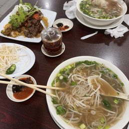 Pho number 3- pho rare steak filet and shaken beef with garlic noodles. Pho number 3- pho rare steak filet and shaken beef with garlic noodles.