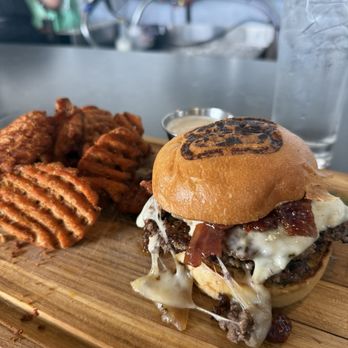 Project Burger - Project Burger, burger. With pepper jack cheese and sweet potato fries. - Burgers Near Me - Palm Desert, California Project Burger - Project Burger, burger. With pepper jack cheese and sweet potato fries. - Burgers Near Me - Palm Desert, California