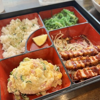 Okaeri Cafe - katsu bento with potato salad and seaweed salad - Japanese Near Me - Richardson, Texas Okaeri Cafe - katsu bento with potato salad and seaweed salad - Japanese Near Me - Richardson, Texas