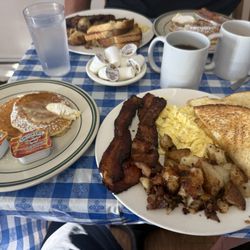 Lighthouse Cafe - Scrambled eggs bacon home fries sourdough toast and pancakes
