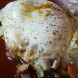 French Egg Casarole for the win. Potatoes, peppers, onions, mushrooms, ham, and swiss cheese topped with 2 poached eggs.