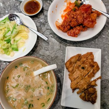 Paradise Dynasty - D1.  Fried Pork Chop 香酥猪扒  E7.  Crispy Sweet and Sour Cod Fish 糖醋鳕鱼片   E10. Stir-fried Taiwanese Cabbage with Garlic   Wonton Soup - Singaporean Near Me - Costa Mesa, California