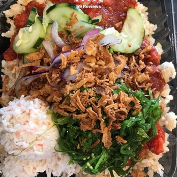 PokePort - Brown rice, Spicy tuna plate with seaweed salad, crab, red onion, fried onion and cucumbers! FIRE - Poke Near Me - Wildomar, California PokePort - Brown rice, Spicy tuna plate with seaweed salad, crab, red onion, fried onion and cucumbers! FIRE - Poke Near Me - Wildomar, California