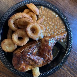 CopperTop Bar-B-Q - Half chicken, baked beans and onion rings