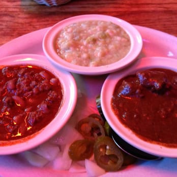 Texas Chili Parlor - Sampler chili.  Habanero chili, White chili (pork) and  XX hot chili - American Near Me - Austin, Texas