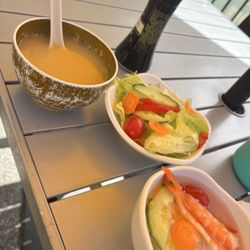 Miso soup (not gluten free according to server) but still yummy! Green salad without dressing and amazing ebi sunomono salad !