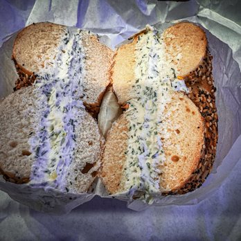 The Bad Bagel - Whole wheat everything bagel with cucumber-dill cream cheese - Breakfast & Brunch Near Me - Brooklyn, New York