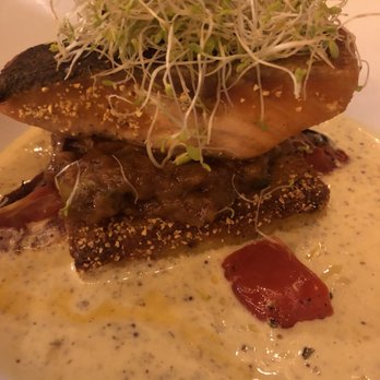 Odeum - [Morgan Hill] - Crispy Salmon, polenta cake, grain mustard remade - Mediterranean Near Me - Morgan Hill, California