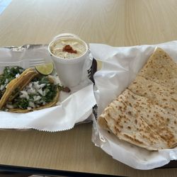 Fernando's - Carne asada tacos, Mexican Corn, and Turkey and Cheese quesadilla.
