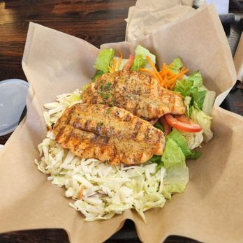 Hook’d Fish Grill - Grilled salmon with green salad and coleslaw - Seafood Near Me - Chatsworth, California Hook’d Fish Grill - Grilled salmon with green salad and coleslaw - Seafood Near Me - Chatsworth, California