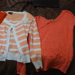 Fashion Junkie - Cardigan, top, and clutch. All about $3-5 each.