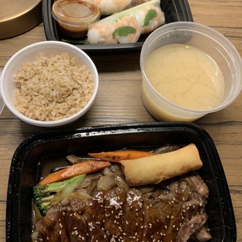 Noodle Shack - Teriyaki steak vegetables and veggie roll, soup, fresh rolls and brown rice - Asian Fusion Near Me - Lititz, Pennsylvania