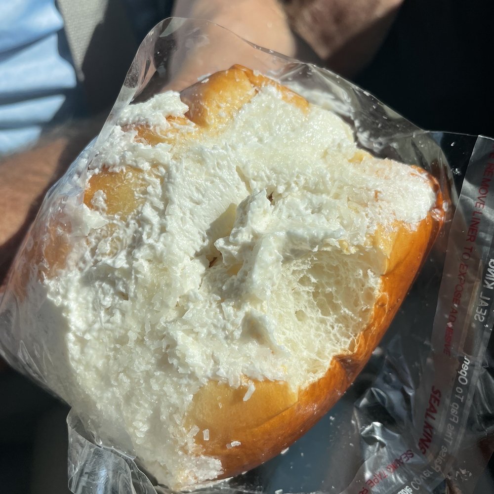 Momo Bakery - Coconut cream bun - looks like a lot of cream but it's actually just a thin outer layer and none in the middle - Bakeries Near Me - Monterey Park, California