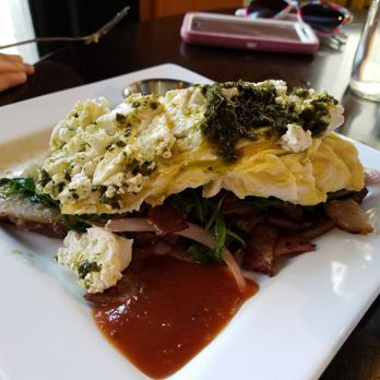 Rooster - Downtown - Bacon, goat cheese, arugula, pesto scramble. - Creperies Near Me - St. Louis, Missouri Rooster - Downtown - Bacon, goat cheese, arugula, pesto scramble. - Creperies Near Me - St. Louis, Missouri