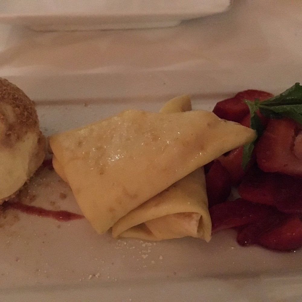 Bistro 45 - San Marino Cheesecake Crepe ($11.45, May 2016) Housemade ice cream & strawberries - New American Near Me - Pasadena, California