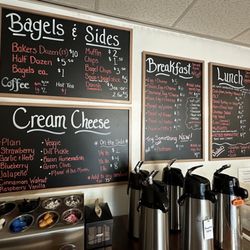 JT's Bagels - Menu board (September 2023) w/creamers and coffee
