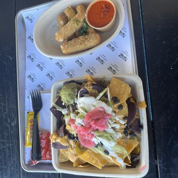 Two Roads Food Hall + Bar - Nachos with pulled pork and not-zarella sticks - Comfort Food Near Me - Stratford, Connecticut Two Roads Food Hall + Bar - Nachos with pulled pork and not-zarella sticks - Comfort Food Near Me - Stratford, Connecticut