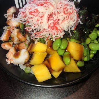 Poke Fish - poke bowl with white rice, shrimp, tuna, mango, edamame, crab, seaweed salad & eel sauce - Poke Near Me - Ann Arbor, Michigan