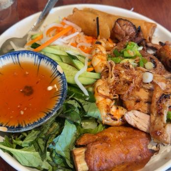Lang Viet - Bun Lang Viet - Lang Viet Vermicelli Bowl with sugar cane  This was combo plate.  Everything is authentic and very tasty - Vietnamese Near Me - Kent, Washington