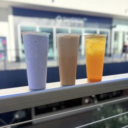 Taro smoothie, black milk tea and peach spring tea