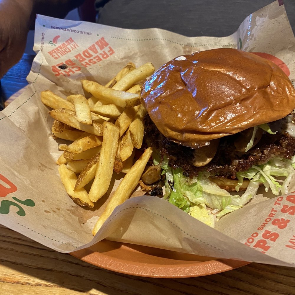 Chili's - Mushroom Swiss burger and fries - Tex-Mex Near Me - Whittier, California Chili's - Mushroom Swiss burger and fries - Tex-Mex Near Me - Whittier, California