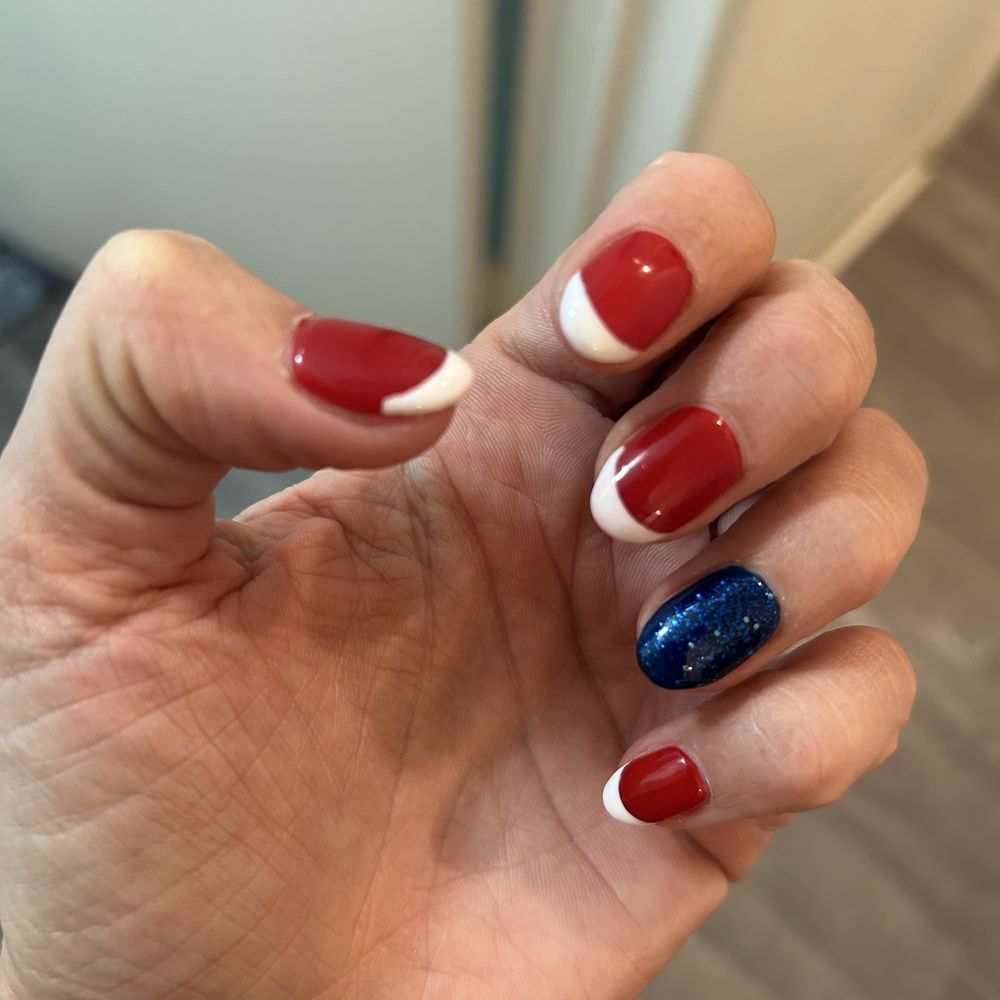 Noble Nails Spa - 4th of July nails by Lily! Red gel nails with white French manicure, 1 blue sparkled nail - Nail Salons Near Me - Sacramento, California Noble Nails Spa - 4th of July nails by Lily! Red gel nails with white French manicure, 1 blue sparkled nail - Nail Salons Near Me - Sacramento, California