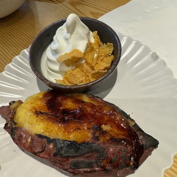 Tendon Kohaku - Sweet Potato Crème Brulee. The ice cream taste like self-serve ice cream, which was really good, and they sprinkled it with cornflakes. - Japanese Near Me - Bellevue, Washington