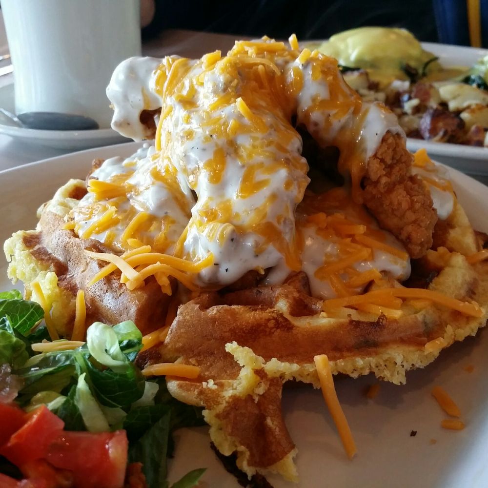 Gina's Cafe - This IS delectable! A jalapeño waffle with 3 large crispy, juicy chicken tenders smothered in sausage gravy and topped with cheddar cheese. - Cafes Near Me - Clinton Township, Michigan Gina's Cafe - This IS delectable! A jalapeño waffle with 3 large crispy, juicy chicken tenders smothered in sausage gravy and topped with cheddar cheese. - Cafes Near Me - Clinton Township, Michigan
