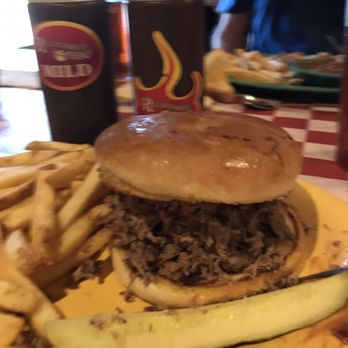 Rivertowne BBQ - BBQ pork sandwich with fries - Barbeque Near Me - Ozark, Arkansas Rivertowne BBQ - BBQ pork sandwich with fries - Barbeque Near Me - Ozark, Arkansas