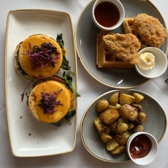 Crossroads Kitchen - Crossroads Benedict, Chicken & Waffles, Oven roasted fingerling potatoes - Vegan Near Me - Los Angeles, California