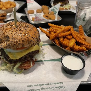 Jakes - "The Works" burger with sweet potato fries. - Bars Near Me - Frisco, Texas