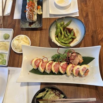 Hikari Sushi - Lemon Roll and Cucumber Salad and Garlic Edamame and Baked Salmon Roll - Sushi Bars Near Me - Simi Valley, California