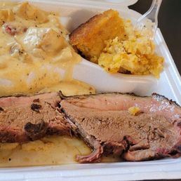 1 Meat Dinner with Brisket, Cheesy Potatos and Corn Casserole 1 Meat Dinner with Brisket, Cheesy Potatos and Corn Casserole