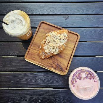 Habibi's - Toasted butter date latte Almond croissant  Damask rose - no milk - Cafes Near Me - Fullerton, California