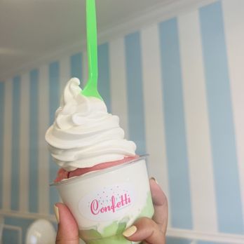 Confetti Italian Ice & Custard - Custard on top, strawberry (top), and green jolly ranchers (bottom) - Desserts Near Me - Costa Mesa, California Confetti Italian Ice & Custard - Custard on top, strawberry (top), and green jolly ranchers (bottom) - Desserts Near Me - Costa Mesa, California