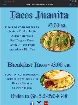 Menu photo 1 Tacos Juanita Austin texas, TX