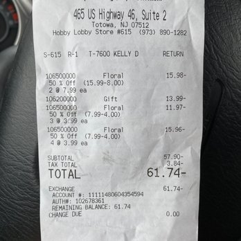 Hobby Lobby - The receipt of the return. - Home Decor Near Me - Totowa, New Jersey