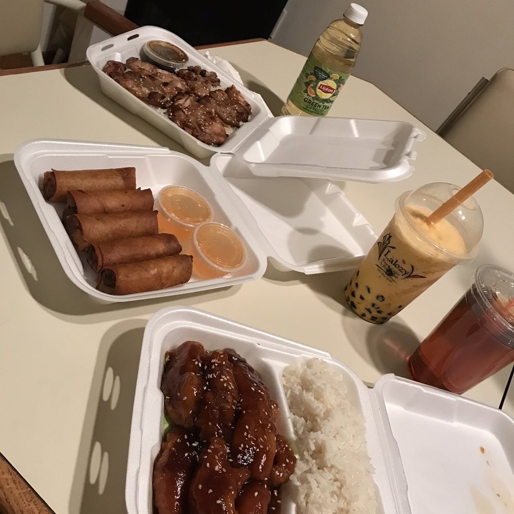 General tso's chicken, teriyaki chicken, egg rolls, mango bubble tea General tso's chicken, teriyaki chicken, egg rolls, mango bubble tea