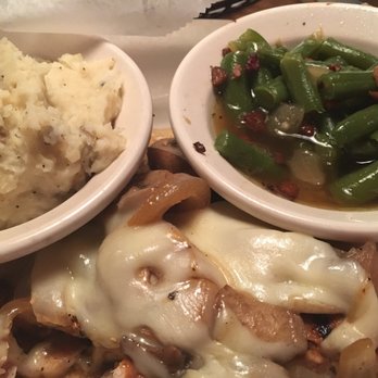 Texas Roadhouse - Smothered Chicken (mushrooms, onions & cheese) with potatoes and green beans - American Near Me - Taylor, Michigan Texas Roadhouse - Smothered Chicken (mushrooms, onions & cheese) with potatoes and green beans - American Near Me - Taylor, Michigan