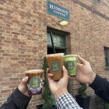Hideout Coffee - Left: Blueberry Latte Middle: Pistachio Latte Right: Salted Matcha Cream Top - Coffee & Tea Near Me - Monrovia, California Hideout Coffee - Left: Blueberry Latte Middle: Pistachio Latte Right: Salted Matcha Cream Top - Coffee & Tea Near Me - Monrovia, California
